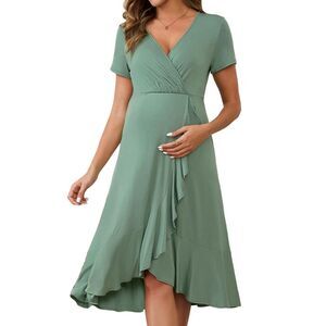 Maternity Nursing Wrap V Neck Pleated Ruffle Semi Formal Dress Grey Green
